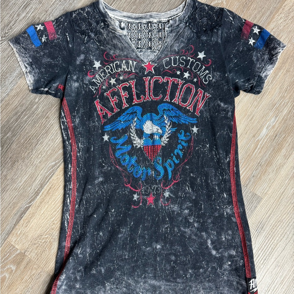 Affliction Distressed Black Tee with Red and Blue Graphics